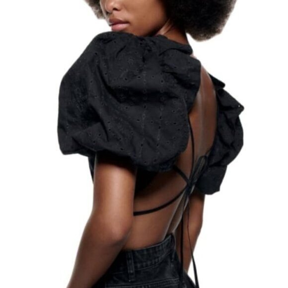 NEW ZARA EMBROIDERED EYELET CROP TOP BLACK | 7521/008 - Picture 5 of 10